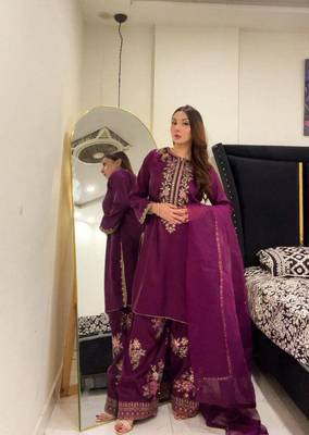 wine purple crepe embroidered plus size sharara set 3