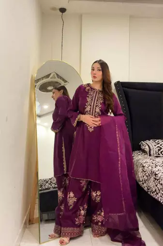 wine purple crepe embroidered plus size sharara set
