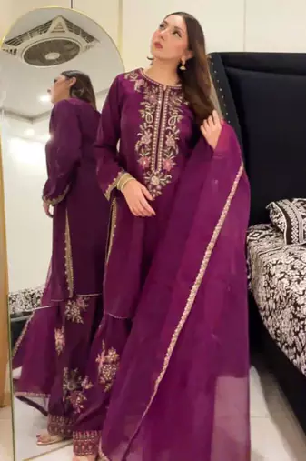 wine purple crepe embroidered plus size sharara set
