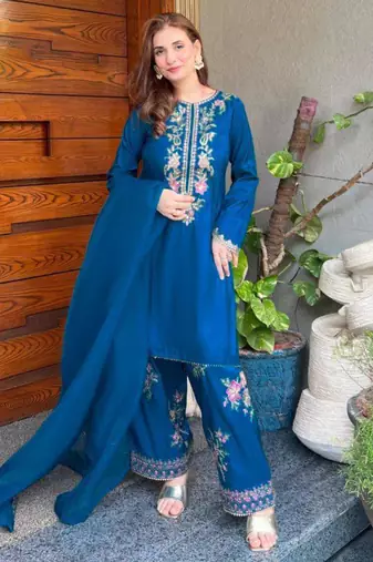 teal crepe floral embroidered plus size kurta palazzo set