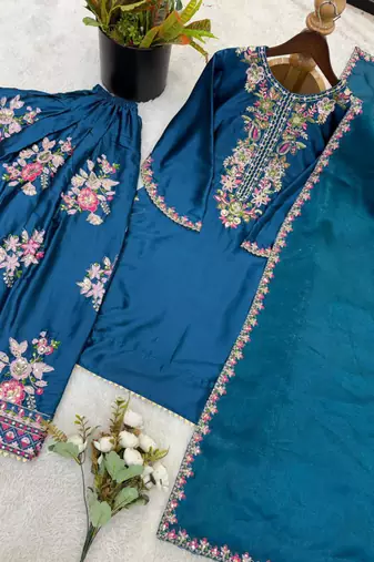 teal crepe floral embroidered plus size kurta palazzo set