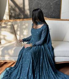 Blue georgette embroidered gown set