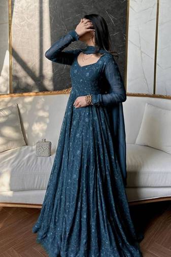 Blue georgette embroidered gown set