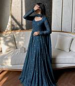 Blue georgette embroidered gown set