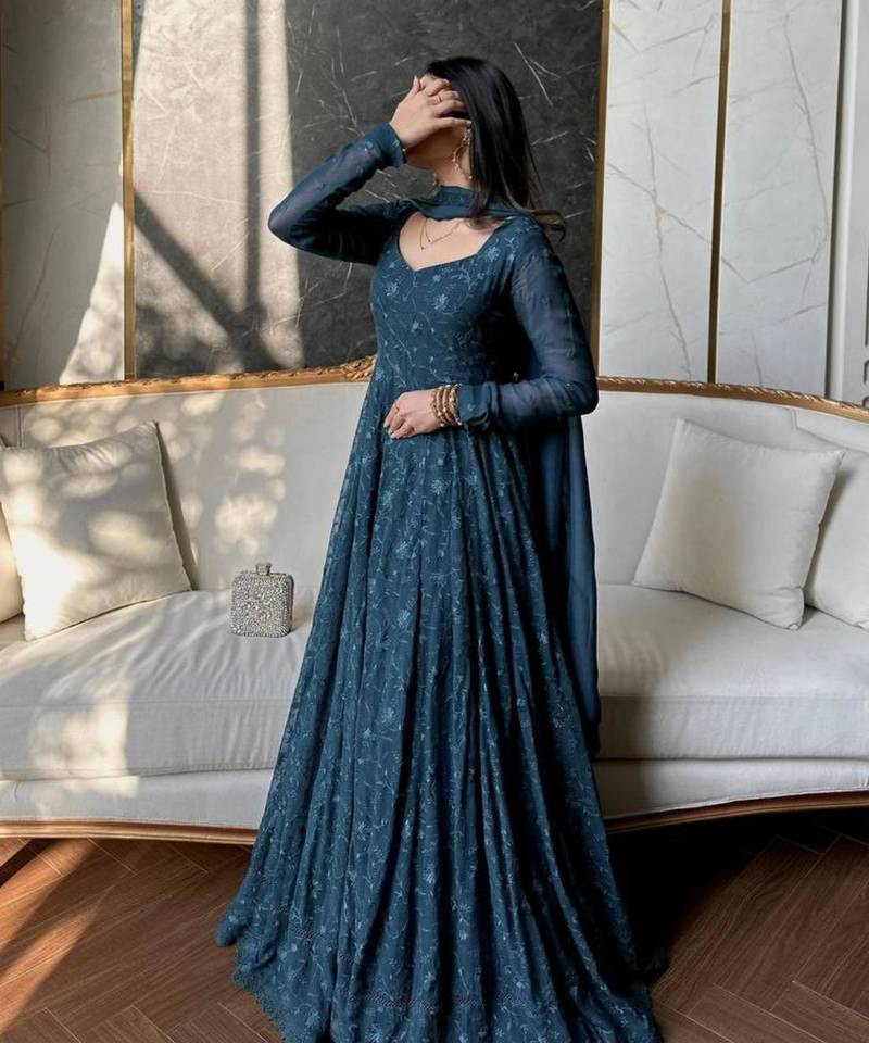 Blue georgette embroidered gown set