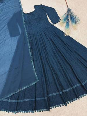 teal blue georgette embroidered plus size anarkali gown set 1
