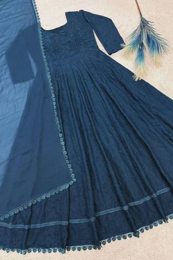 teal blue georgette embroidered plus size anarkali gown set