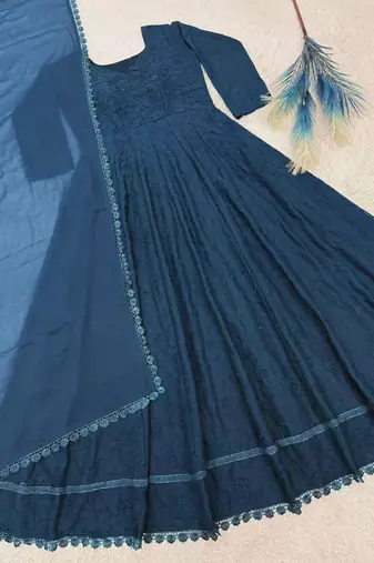 teal blue georgette embroidered plus size anarkali gown set