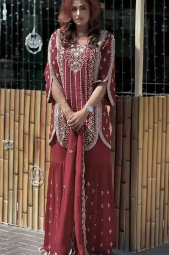 Maroon georgette embroidered sharara set