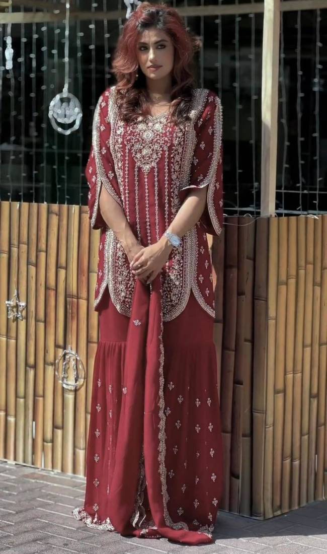 Maroon georgette embroidered sharara set