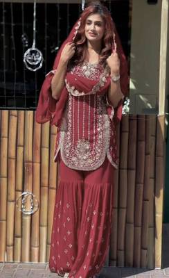 maroon georgette mirror work plus size sharara set 2