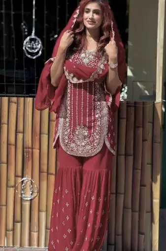 maroon georgette mirror work plus size sharara set