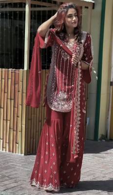 maroon georgette mirror work plus size sharara set 3