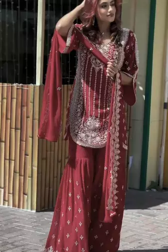 maroon georgette mirror work plus size sharara set