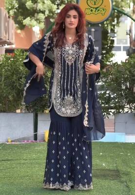 navy blue georgette zari embroidered plus size sharara set 1