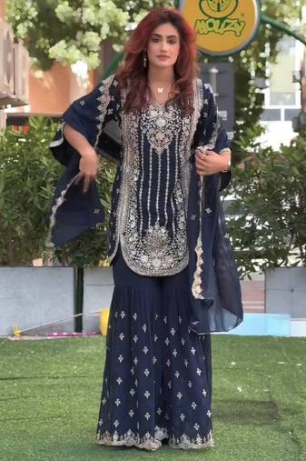 Blue georgette embroidered sharara set