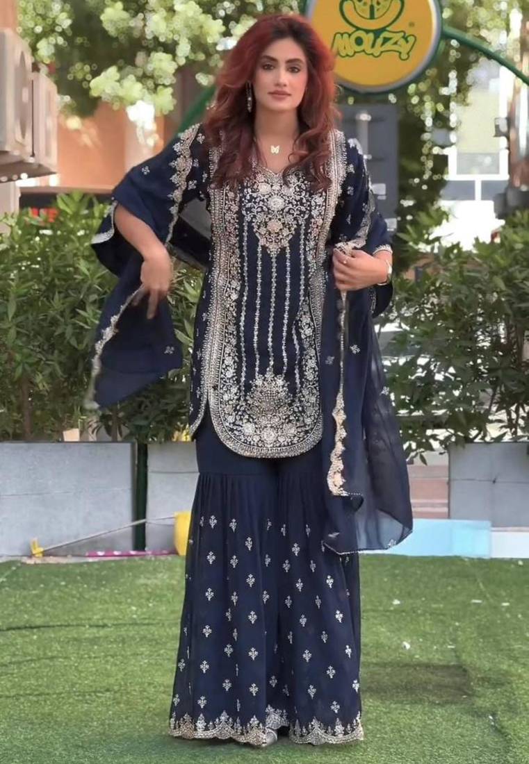 Blue georgette embroidered sharara set