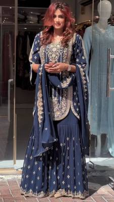navy blue georgette zari embroidered plus size sharara set 2