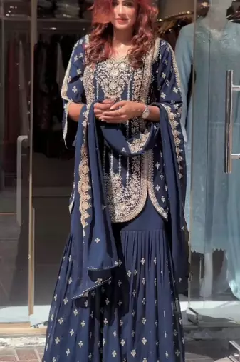 navy blue georgette zari embroidered plus size sharara set