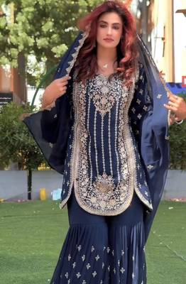 navy blue georgette zari embroidered plus size sharara set 3