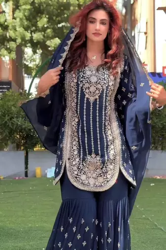 navy blue georgette zari embroidered plus size sharara set