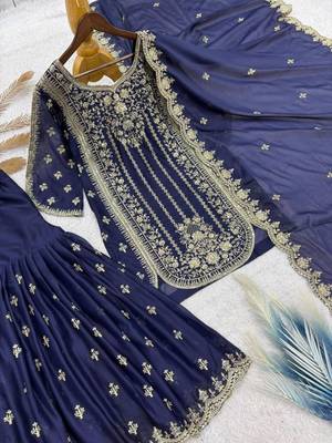 navy blue georgette zari embroidered plus size sharara set 4