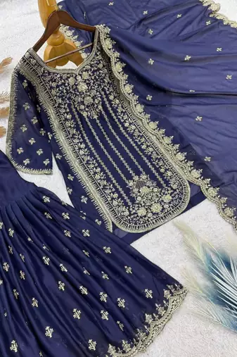 navy blue georgette zari embroidered plus size sharara set
