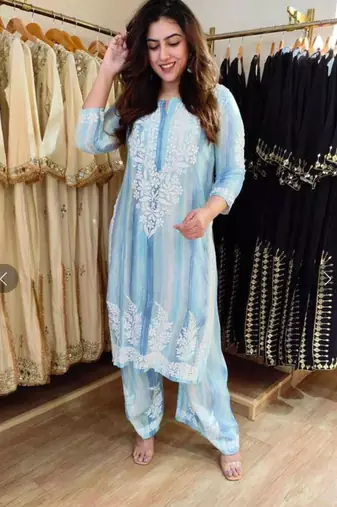sky blue rayon chikankari embroidered plus size kurta set