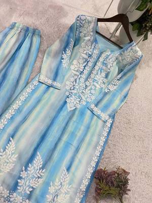 sky blue rayon chikankari embroidered plus size kurta set 4