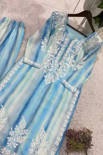 sky blue rayon chikankari embroidered plus size kurta set