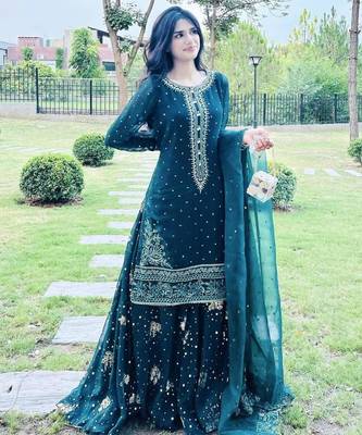 teal blue georgette embroidered kurta with flared sharara & dupatta set 1