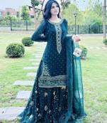 teal blue georgette embroidered kurta with flared sharara & dupatta set