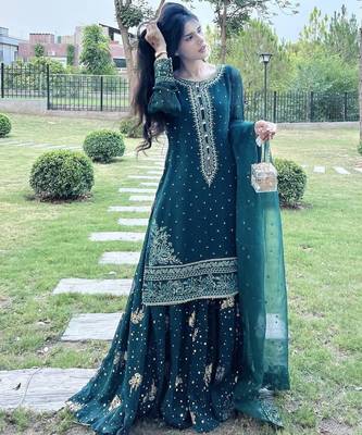 teal blue georgette embroidered kurta with flared sharara & dupatta set 2