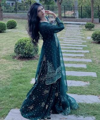 teal blue georgette embroidered kurta with flared sharara & dupatta set 3