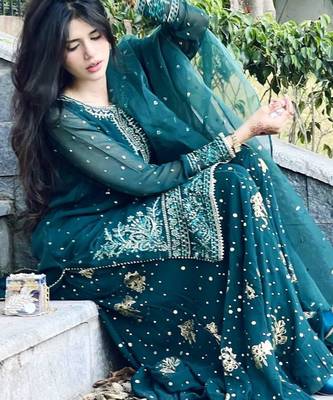 teal blue georgette embroidered kurta with flared sharara & dupatta set 4