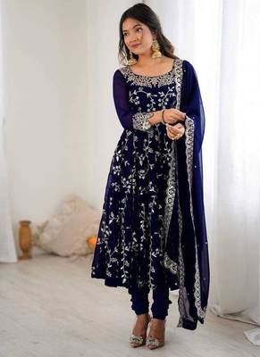 midnight blue faux georgette floral embroidered festive gown set 1