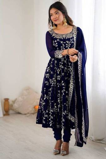 Blue fauxgeorgette embroidered  gown set