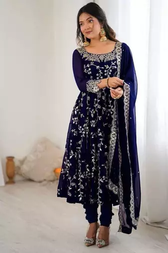 Blue fauxgeorgette embroidered  gown set