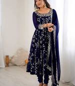 midnight blue faux georgette floral embroidered festive gown set