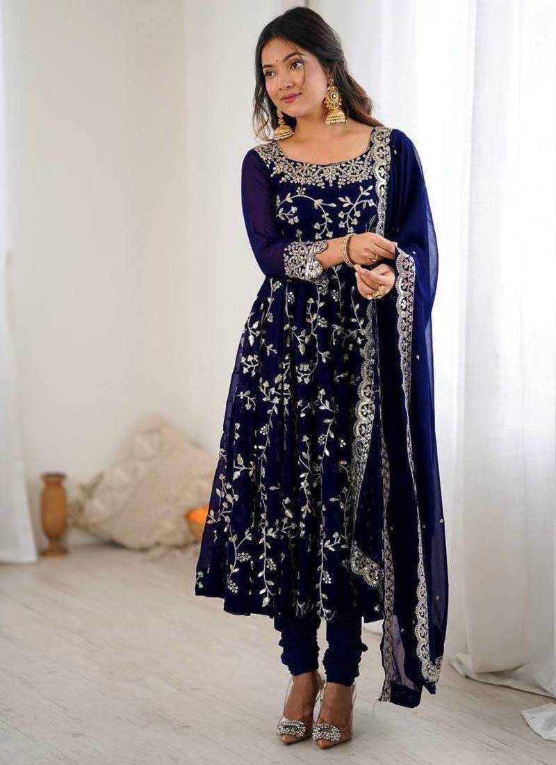 Blue fauxgeorgette embroidered  gown set