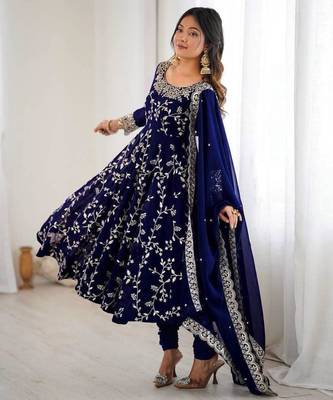 midnight blue faux georgette floral embroidered festive gown set 2