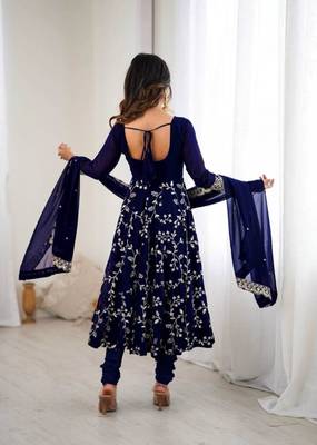 midnight blue faux georgette floral embroidered festive gown set 3