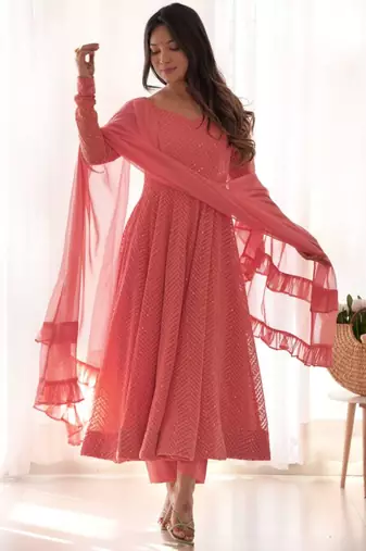 peach georgette tonal embroidered flared gown set
