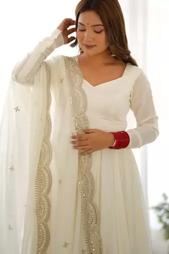 ivory white silk blend subtle mirror work gown set