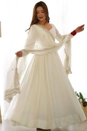 White silkblend embroidered  gown set