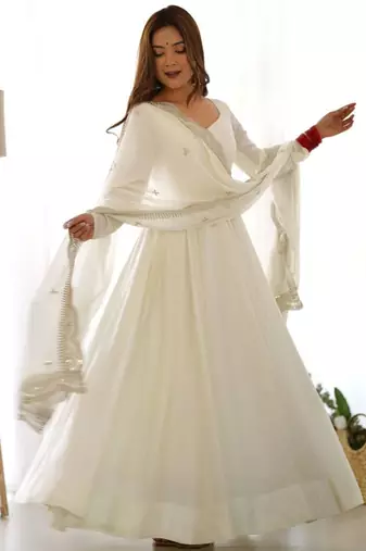 White silkblend embroidered  gown set