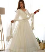 White silkblend embroidered  gown set