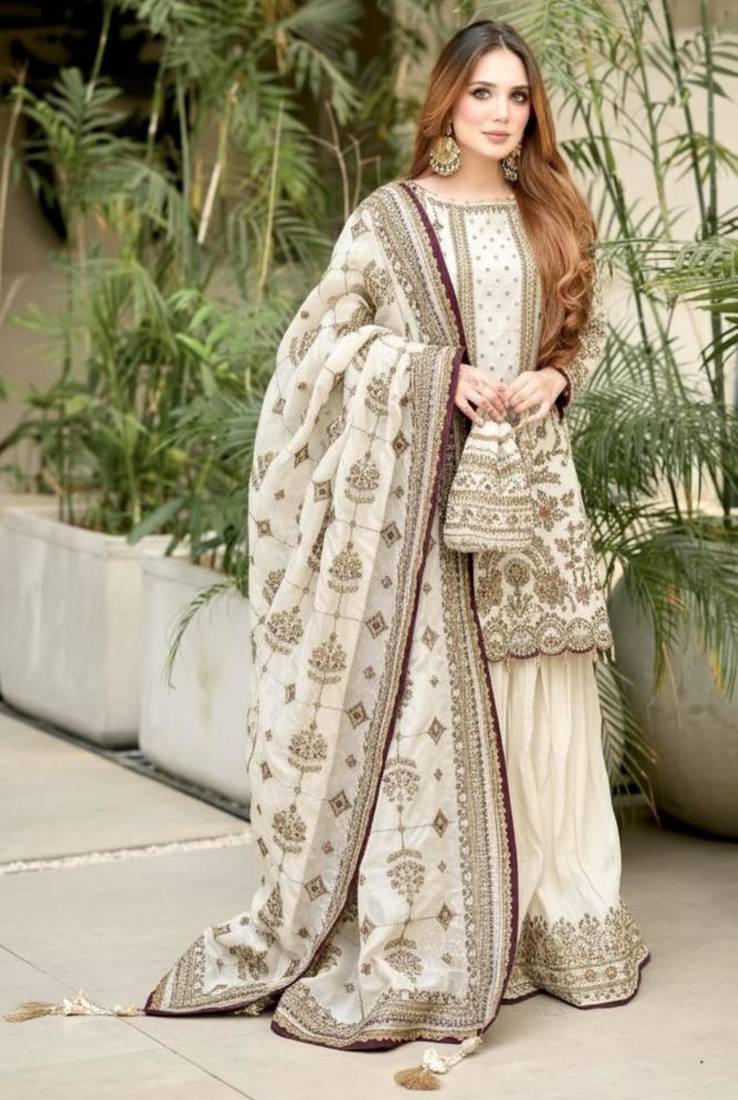 Off white georgette embroidered sharara set
