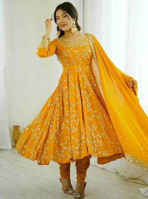 mustard yellow georgette floral embroidered festive gown set 1