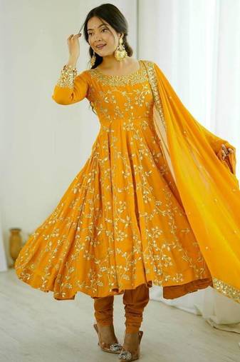 Yellow georgette embroidered gown set